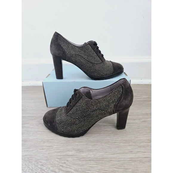 Johnston and Murphy Gail Piped Oxford Herringbone Brown Green Pinup 40s Heels 8 - Picture 1 of 10